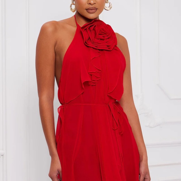 Red Flower Rose Rosette Halter High Low Chiffon Dress - Picture 2 of 6